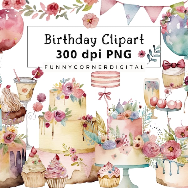 33 Water Color Birthday Clipart , Birthday party clipart,Children Birthday clipart, invitation cute card clipart, birthday cake clipart 001