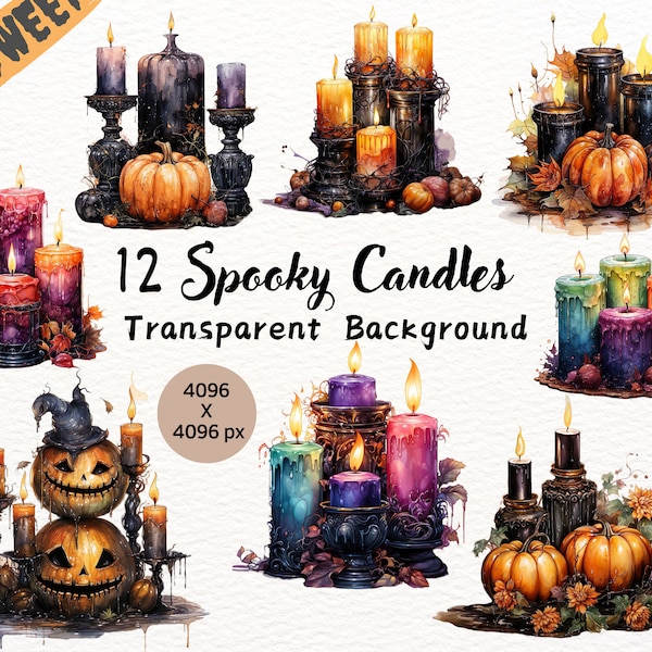 12 Watercolor Halloween Candles Clipart Halloween theme  PNG cute pumpkin candles png spooky candles junk journal Instant download 012