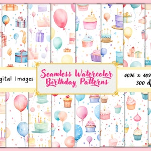 18 Birthday Digital papers Watercolor Birthday seamless patterns printable paper craft birthday digital background instant download P001
