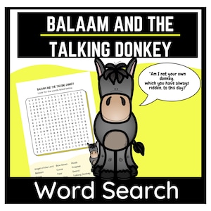 Balaam and the Talking Donkey Bible Word Search Puzzle for Kids Sunday School Lessons or Children&#39;s Church