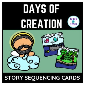 Days of Creation Bijbelverhaalvolgordekaarten voor kinderen voor zondagsschoollessen, kleuterschool, kleuterschool, 1e leerjaar