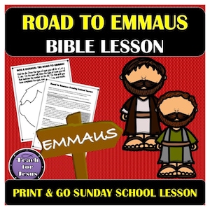 May include: A printable Sunday school lesson plan for children about the biblical story of the Road to Emmaus. The lesson includes a map of the journey, a worksheet, and illustrations of two disciples walking with Jesus.