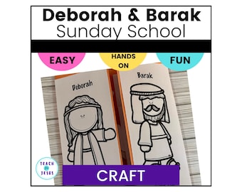 May include: A Sunday school craft activity featuring a black and white illustration of Deborah and Barak. The title of the craft is "Deborah & Barak Sunday School". The craft is labelled as "Easy", "Hands On", and "Fun".