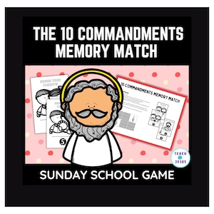Peut inclure: Image encadrée en noir avec le texte "THE 10 COMMANDMENTS MEMORY MATCH" et "SUNDAY SCHOOL GAME". L'image présente un dessin animé d'un homme avec un halo et plusieurs cartes avec des illustrations et du texte. Le fond est rose avec des pois rouges.