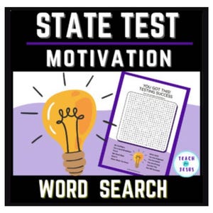 Könnte beinhalten: Ein druckbares Suchrätsel in Lila und Schwarz mit dem Text "You Got This! Testing Success" und einer Glühbirnengrafik. Das Suchrätsel trägt den Titel "State Test Motivation Word Search".
