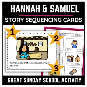 Tarjetas de secuenciación de historias bíblicas de Ana y Samuel para lecciones de escuela dominical, preescolar, jardín de infantes y primer grado