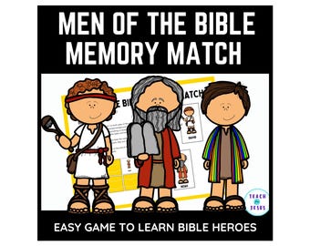 Könnte beinhalten: Ein farbenfrohes Lernspiel mit dem Titel "MEN OF THE BIBLE MEMORY MATCH" mit Cartoon-Illustrationen biblischer Figuren. Das Spiel enthält den Text "EASY GAME TO LEARN BIBLE HEROES" und das Logo "Teach for Jesus".