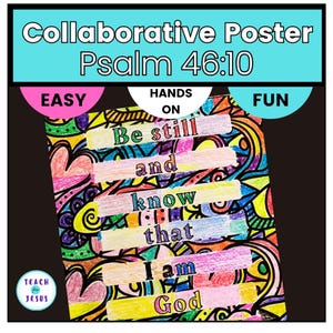 Peut inclure: Une affiche colorée avec les mots "Soyez calmes et sachez que je suis Dieu" écrits dessus. L'affiche est décorée de cœurs, de volutes et d'autres motifs. Les mots "Affiche collaborative" et "Psaume 46:10" sont en haut de l'affiche.