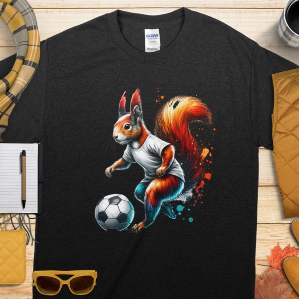 Unique Soccer-Playing Squirrel T-Shirt, Vibrant Colors, Unisex Graphic Tee, Animal Sports Shirt, Gift for Football Fans