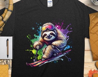 Skiing Sloth T-Shirt, Colorful Sloth Skier Graphic Tee, Unisex Adult Casual Wear, shi rts Fun Animal Shirt, Gift for Skiers and Snowboarders