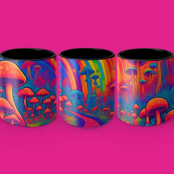 Psychedelic Mushroom Coffee Mug, Colorful Forest Art Cup, Rainbow Nature Lover Gift, Unique Hippie Kitchen Decor, Vibrant Desk Accessory