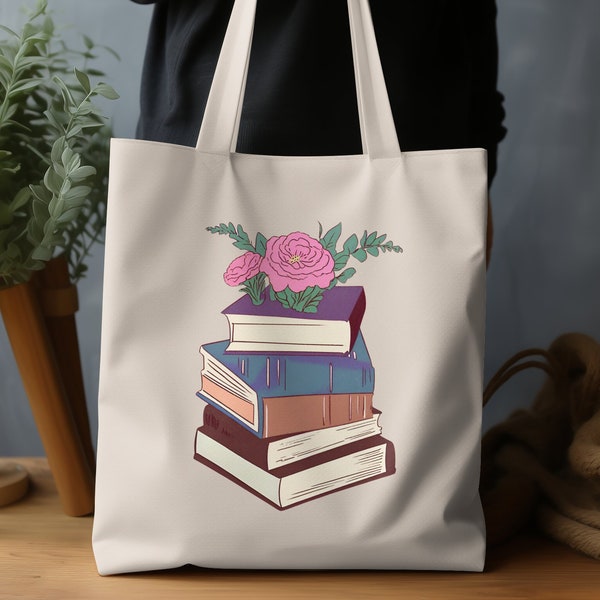 Bookish Totebag Book Bag, Floral Book Stack Tote Bag, Colorful Reading Canvas Bag, Book Lover Gift, Large Library Books Carrier