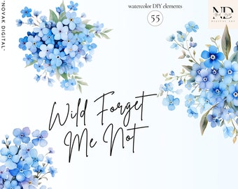 Watercolor Forget Me Not Clipart Set, Blue Floral PNG (55 Files)