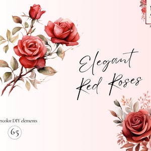 Watercolor Roses Clipart PNG Set of 65, Red Roses Flower Wreaths, Invitation Card PNG, Transparent PNG, Commercial Use, Red Roses Flowers