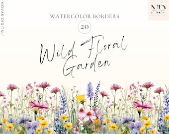 Watercolor Wildflower Floral Borders Clipart – 20 PNG, Wedding Design (Digital Download)