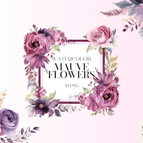 Watercolor Mauve Flowers Clipart – Wedding Planner Design, 55 PNG Art Pack – Women’s Watercolor Floral Art for DIY, Instant Download