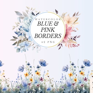 Aquarell Blumen Blau & Rosa Borders Clipart 42 PNG Aquarell Blumen Borders Dekoration Für DIY Hochzeit Einladen Aquarell Dekorationen
