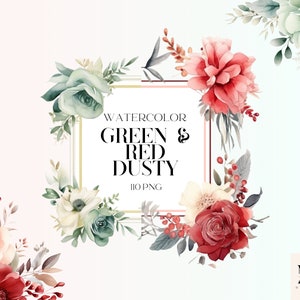 Pacchetto PNG di clipart floreali verde polveroso e rosso dell'acquerello, bouquet di fiori rossi PNG, elementi di nozze delicati, elementi di bouquet floreale