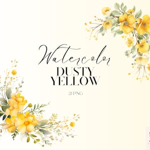 Floral jaune poussiéreux à l'aquarelle | 21 bouquets et bordures PNG pour mariage et projets de bricolage, sans arrière-plan, clipart aquarelle