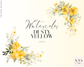 Watercolor Dusty Yellow Floral Clipart | 21 PNG Bouquets & Borders for Wedding and DIY Projects, No Background, Watercolor Clipart