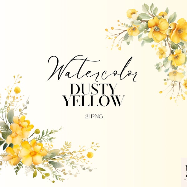 Watercolor Dusty Yellow Floral Clipart PNG Set Of 21 , Flowers Bouquet PNG, Delicate Wedding Elements, Yellow Floral Borders, No Background