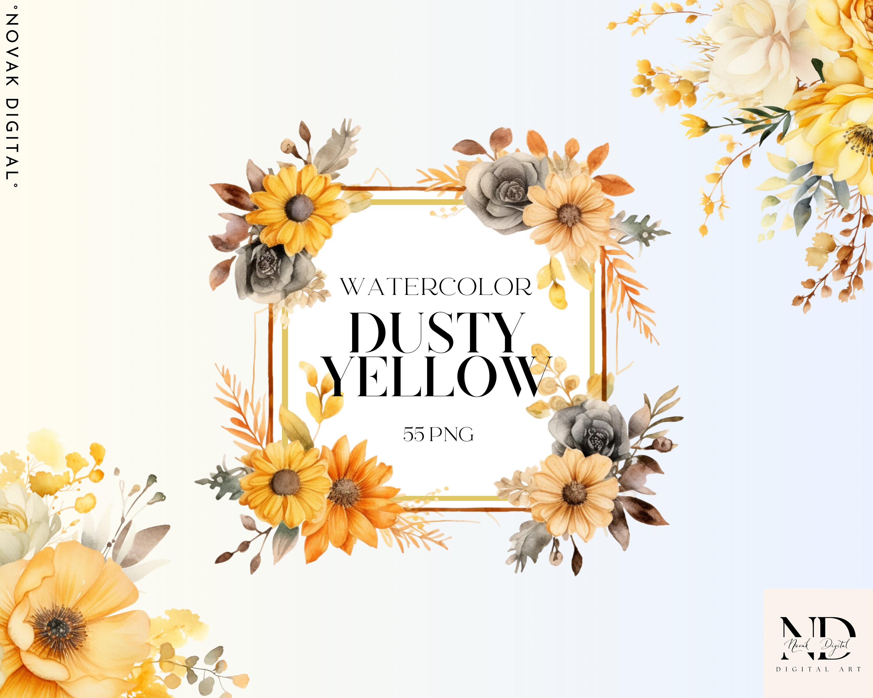 Watercolor Floral Clipart PNG Bundle, Blue and Yellow Flowers (digital ...