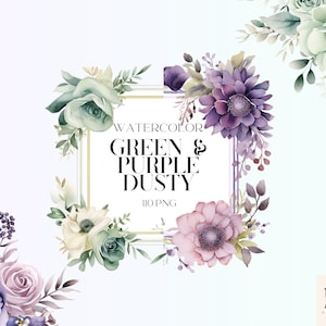 Aquarell Staubig Grün Und Lila Blumen Clipart PNG Bundle, Lila Blumen Bouquet PNG, Zarte Hochzeitselemente, Blumenstrauß Elemente