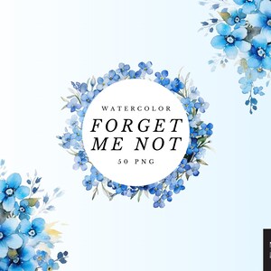 Aquarelle Floral ne m'oubliez pas Clipart PNG ensemble de 50, fleurs bleues, couronnes de fleurs, cartes d'invitation PNG, PNG Transparent, usage Commercial