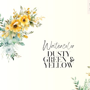 Aquarel stoffige gele en groene bloemen clipart PNG set van 42, bloemenboeket PNG, delicate bruiloft elementen, bloemenrand, geen achtergrond