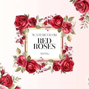 Aquarela Rosas Clipart PNG Conjunto de 55, Flores de Rosas Vermelhas, Coroas de Flores de Rosas Vermelhas, Cartão de Convite PNG, PNG Transparente, Uso Comercial
