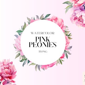 Aquarel bloemen roze pioenrozen clipart PNG set van 55, roze bloemen, bloemenkransen, uitnodigingskaarten PNG, transparante PNG, commercieel gebruik