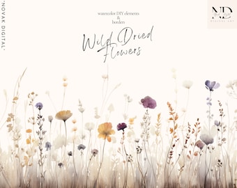 Watercolor Dried Wild Flower Clipart – DIY Elements, Borders (Digital Download)