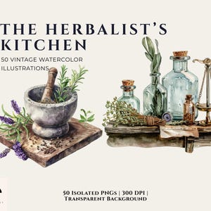 以下が含まれることがあります： 「The Herbalist's Kitchen」の水彩イラスト。ハーブが入った乳鉢と乳棒、ガラス瓶、天秤、そして「THE HERBALIST'S KITCHEN」の文字が描かれています。画像には「50 VINTAGE WATERCOLOR ILLUSTRATIONS」の文字が含まれています。