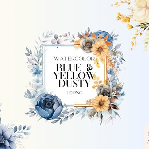 Pacchetto PNG di clipart floreali blu e gialli polverosi dell'acquerello, bouquet di fiori blu PNG, elementi di nozze delicati, elementi di bouquet floreale