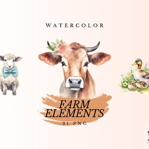 Watercolor Farm Elements Clipart, Farm Animals Watercolor Digital Clipart, Cute Farm Clipart, Farm Clipart, Animals PNG, Commercial Use