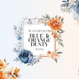 Watercolor Dusty Blue And Orange Floral Clipart PNG Bundle, Blue Flowers Bouquet PNG, Delicate Wedding Elements, Floral Bouquet Elements
