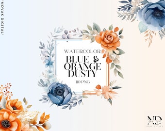 Watercolor Dusty Blue and Orange Floral Clipart PNG Bundle