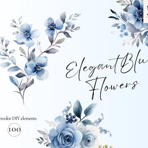 Watercolor Dusty Blue Floral Clipart PNG Set Of 100, Blue Flowers Bouquet PNG, Delicate Wedding Elements, Blue Floral Borders, No Background