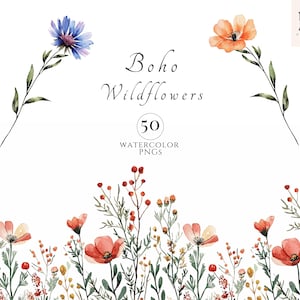 Pacchetto di clipart di acquerelli di fiori selvatici Boho - 50 illustrazioni floreali rustiche PNG per matrimoni e marchi, sfondo trasparente, elemento fai da te