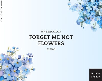 Watercolor Floral Forget Me Not Clipart PNG Set of 21, Blue Flowers, Flower Wreaths, Invitation Cards PNG, Transparent PNG, Commercial Use
