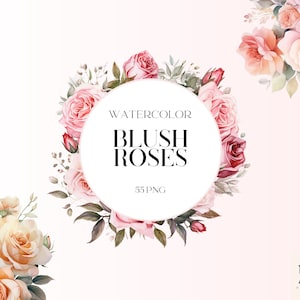 Watercolor Blush Roses Clipart PNG Set of 55, Pink Flowers, Roses Flower Wreaths, Invitation Card PNG, Transparent PNG, Commercial Use