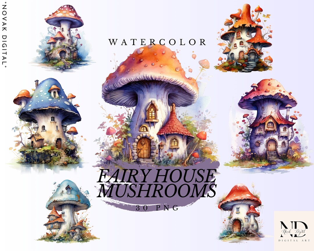 Watercolor Fairy Mushroom House Clipart – PNG Bundle (digital Download ...
