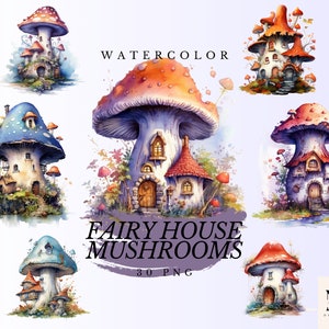 Casas De Cogumelos Aquarela Clipart PNG Pacote De 30 - Ilustração De Cogumelos Clipart Fundo Transparente PNG - Clipart De Casa De Jardim De Fadas