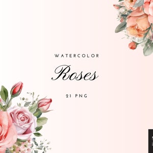 Watercolor Roses Clipart PNG Set of 55, Roses Floral Flower Bouquet PNG, Digital Illustration, No Background, Wedding Elements, DIY Elements