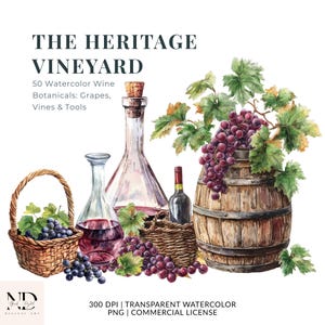 May include: Watercolor illustration featuring wine-related elements. A wooden barrel, bottles, and baskets are filled with grapes and wine. The text "THE HERITAGE VINEYARD" is at the top, with additional text below. The image has a white background.