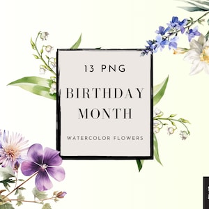 Acuarela cumpleaños mes flores clipart PNG conjunto de 13, ramo de flores PNG, ilustración digital, sin fondo, elementos de boda, decoración