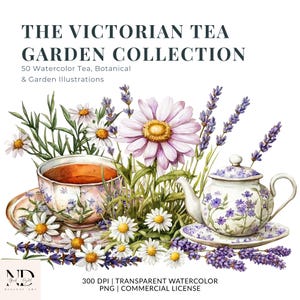 Może przedstawiać: Cyfrowa grafika zatytułowana THE VICTORIAN TEA GARDEN COLLECTION przedstawiająca akwarelowe ilustracje filiżanki i czajniczka ozdobionych fioletowymi kwiatami, otoczonych białymi stokrotkami i gałązkami lawendy na białym tle.