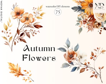 Watercolor Fall Flowers Clipart – Autumn Decor, 75 PNG Elements (Digital Download)