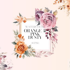 水彩のダスティオレンジとピンクの花のクリップアートPNGバンドル、ピンクの花の花束PNG、繊細な結婚式の要素、花の花束の要素
