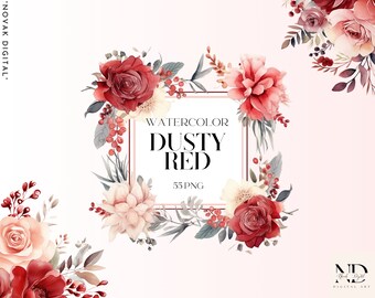 Watercolor Dusty Red Floral Clipart, Wedding Bouquet, PNG (Digital Download)